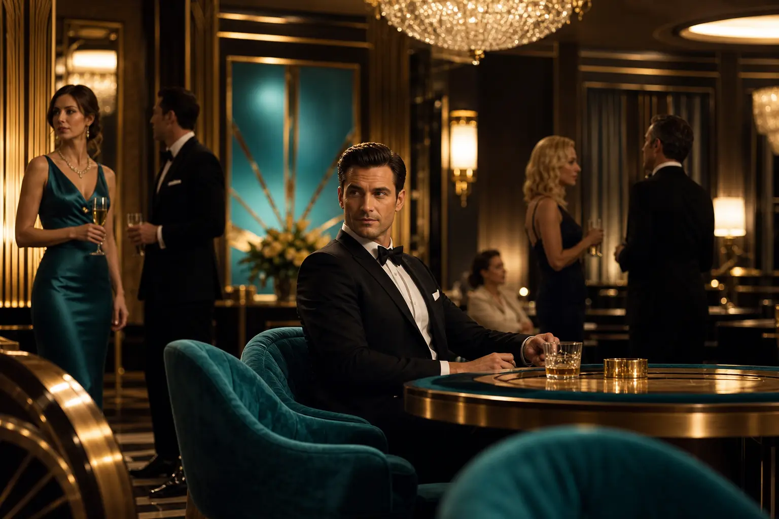 Luksusowe wnętrze w stylu Casino Royale z zielonymi stolikami i eleganckimi gośćmi