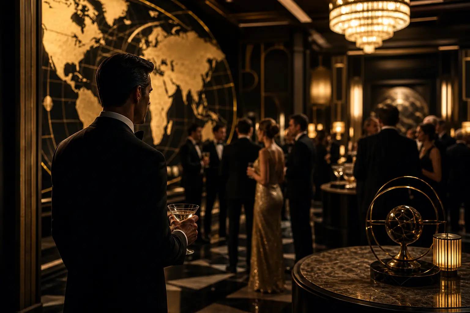 Eleganckie wnętrze w stylu James Bond z agentami w smokingu i kobietami w wieczorowych sukniach